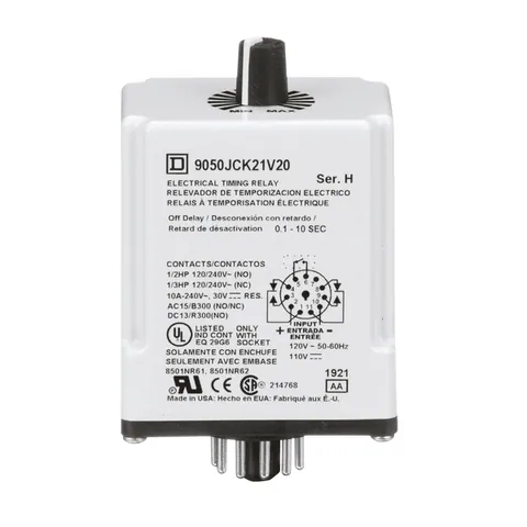 Schneider Electric 9050JCK21V20 Timing Relay, Type JCK, plug In, off delay, adjustable time, 0.1 to 10 seconds, 10A, 240 VAC, 120 VAC/110 VDC — General Accessories