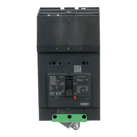 Schneider Electric BDA36125 Circuit breaker, PowerPacT B, 125A, 3 pole, 600Y/347VAC, 14kA, I-Line, thermal magnetic, 80%, ABC — General Accessories