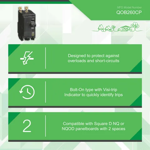 Schneider Electric QOB260 Mini circuit breaker, QO, 60A, 2 pole, 120/240VAC, 10kA, bolt on mount — General Accessories