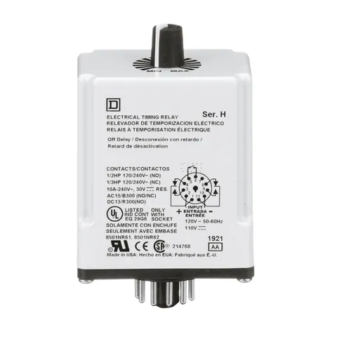 Schneider Electric 9050JCK22V20 Timing Relay, Type JCK, plug In, off delay, adjustable time, 0.3 to 30 seconds, 10A, 240 VAC, 120 VAC/110 VDC — General Accessories