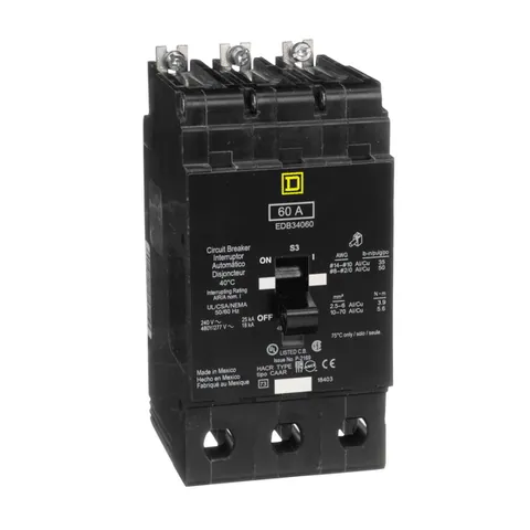 Schneider Electric EDB34060 Mini circuit breaker, E-Frame, 60A, 3 pole, 480Y/277 VAC, 25 kA max, bolt on — General Accessories