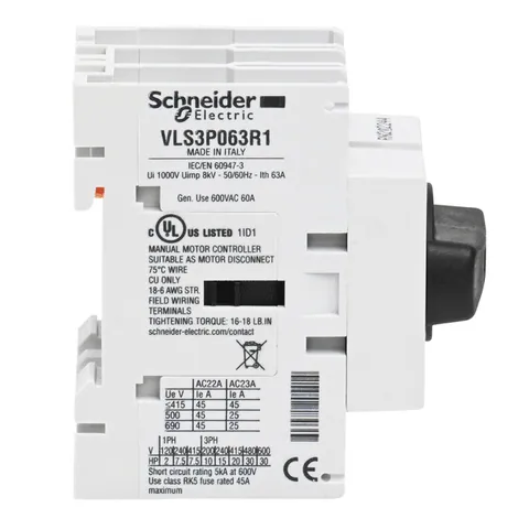 Schneider Electric VLS3P063R1 Disconnect switch, TeSys VLS, body switch, 60A, 30HP at 480VAC, UL508, three phase, 5kA SCCR, size 1, DIN rail mount — Switches & Modular Apparatus