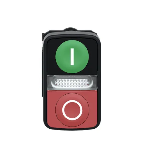 Schneider Electric XB5AW73731M5 Illuminated double headed push button, Harmony XB5, plastic, 22mm, 1 green flush I + 1 pilot light + 1 red projecting O, 240V AC DC, 1NO + 1NC — Switches & Modular Apparatus