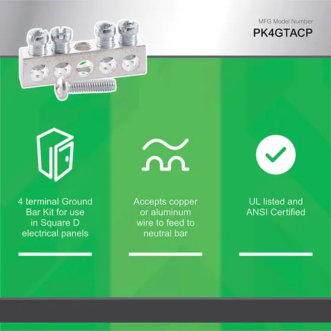 Schneider Electric PK4GTA Load center accessory, QO/Homeline, ground bar kit, 4 terminals — General Accessories