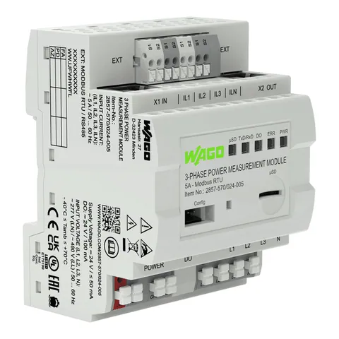 Wago 2857-570/024-005 3-Phase Power Measurement Module; 3x277/480 V/5 A; Modbus RTU; Digital output; Configuration via software; Supply voltage: 24 VDC — Näherungs- & induktive Sensoren