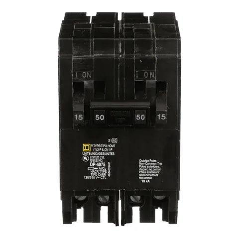 Schneider Electric HOMT1515250 Tandem circuit breaker, Homeline, 2 x 1 pole at 15A, 1 x 2 pole at 50A, 120/240VAC, 10kA AIR, plug in, UL — General Accessories