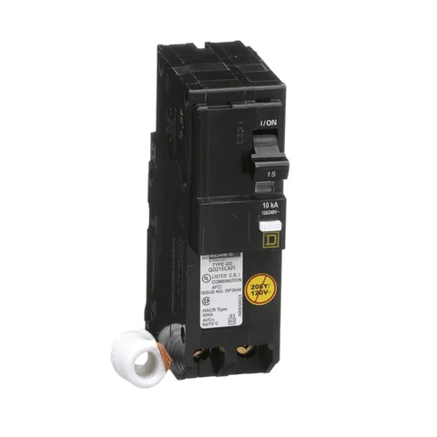 Schneider Electric QO215CAFI Mini circuit breaker, QO, 15A, 2 pole, 120/240VAC, 10kA, combo arc fault, pigtail, plug in mount — General Accessories