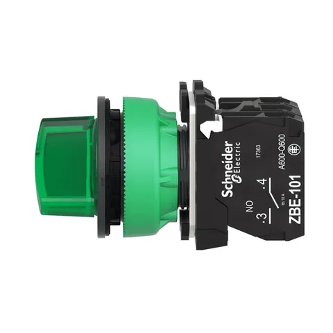 Schneider Electric XB5FK123B5 Illuminated selector switch, Harmony XB5, grey plastic, green handle, 30mm, universal LED, 2 positions, 1NO + 1NC, 24V AC DC — Switches & Modular Apparatus