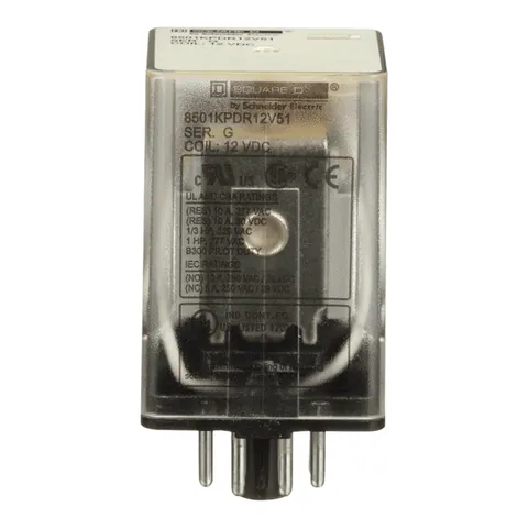 Schneider Electric 8501KPDR12V51 Plug in relay, Type KP, tubular, 1 HP at 277 VAC, 10A resistive at 120 VAC, 8 pin, DPDT, 2 NO, 2 NC, 12 VDC coil — General Accessories