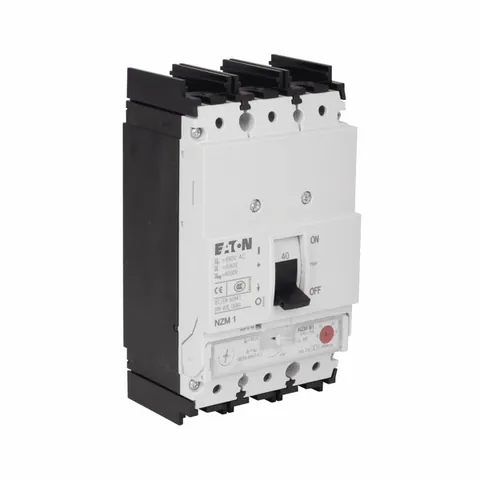Eaton NZMB1-A80 Series NZM complete molded case circuit breaker, NZM1-frame, NZMB1, Thermal-magnetic trip type, 480-800A trip rating, Three-pole, 80A, 440 Vac, 25 kAIC, Distribution circuit protection, Rocker lever, 63-80A, Front frame clamp, 63-80A — Wyłączniki automatyczne i bezpieczniki