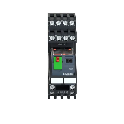 Schneider Electric RXM2AB2P7PVM miniature Electromechanical Relay, 10A, 2CO, with LED and Lockable Test Button, Mixed Terminals Socket, 230V AC — Contattori e relè