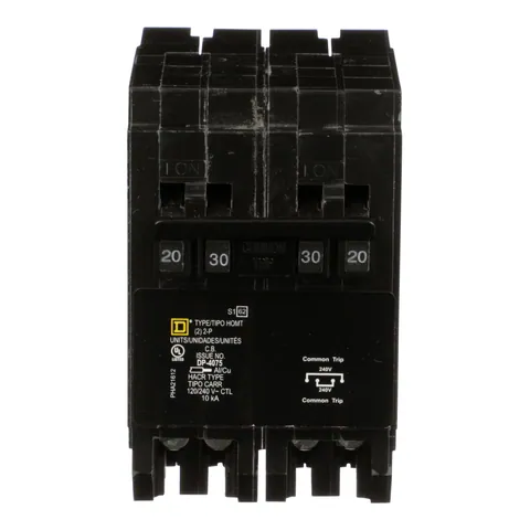 Schneider Electric HOMT220230 Quad tandem circuit breaker, Homeline, 1 x 2 pole at 20A, 1 x 2 pole at 30A, 120/240 V, 10kA AIR, plug in, UL — General Accessories