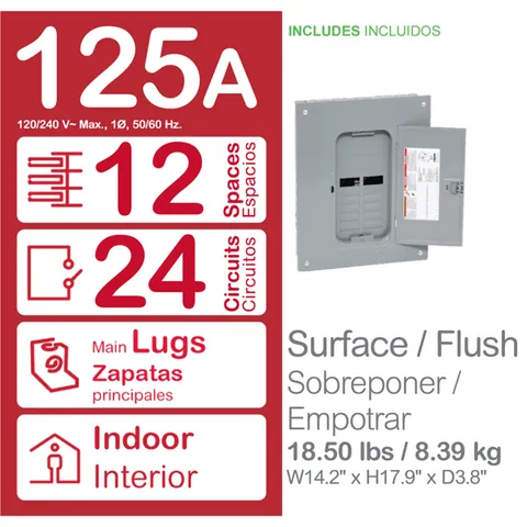 Schneider Electric HOM1224L125PGCVP Load center, Homeline, 1 phase, 12 spaces, 24 circuits, 125A convertible main lugs, PoN, NEMA1, gnd bar, value pack — Accessori generali