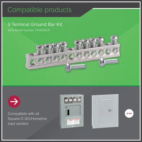 Schneider Electric PK9GTA Panelboard accessory, NQ, ground bar kit, 12 circuits, 225A max — Control & HMI