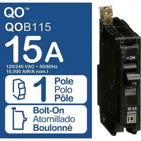 Schneider Electric QOB115 Mini circuit breaker, QO, 15A, 1 pole, 120/240VAC, 10kA, bolt on mount — General Accessories