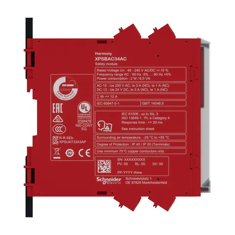 Schneider Electric XPSBAC34AC safety module, Harmony XPS, estop or guard, connected to supply terminals 48 to 240V AC or DC , no inputs, spring — Controllers & Regulators