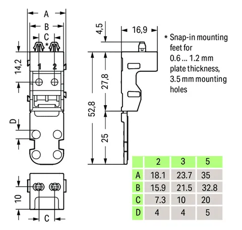 Wago 221-523/000-004 Mounting carrier; 221 series (24 - 12 AWG); 3-conductor; with snap-in mounting foot for vertical mounting; black — Terminal Blocks
