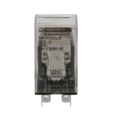 Schneider Electric 8501RS42V24 Plug in relay, Type R, miniature, 1 HP at 277 VAC, 15A resistive at 120 VAC, 8 blade, DPDT, 2 NO, 2 NC, 240 VAC coil — General Accessories
