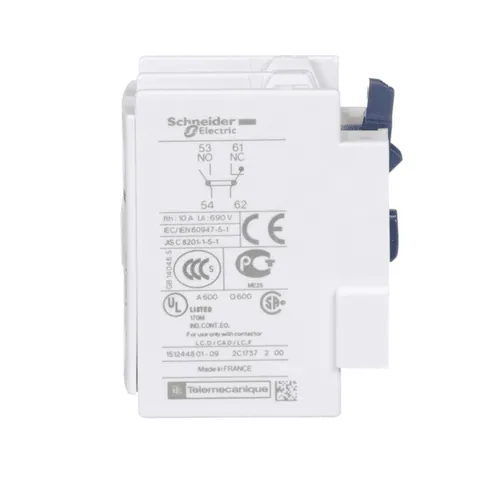 Schneider Electric LADN11 TeSys Deca, auxiliary contact block, 1 NO and 1 NC, top mount, screw clamp terminals, for LC1D09 to LC1D150 contactors — Contactors & Relays