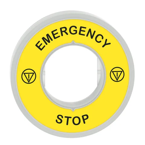 Schneider Electric ZBY9W3B330 Illuminated marked legend ring, Harmony XB5, 60mm, plastic, yellow, white or red integral LED, marked EMERGENCY STOP, 24V AC DC — Accessories