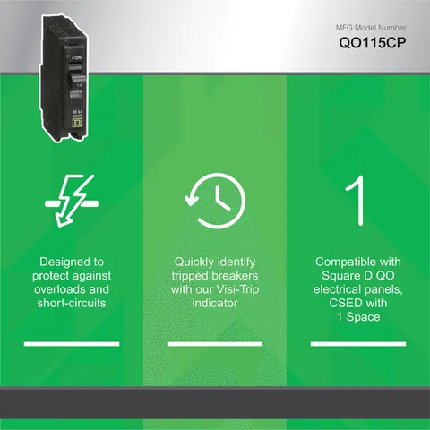 Schneider Electric QO115 Mini circuit breaker, QO, 15A, 1 pole, 120/240VAC, 10kA, plug in mount — Circuit Breakers & Fuses
