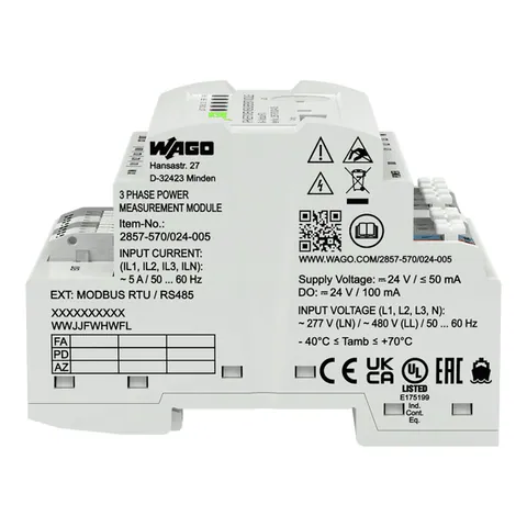 Wago 2857-570/024-005 3-Phase Power Measurement Module; 3x277/480 V/5 A; Modbus RTU; Digital output; Configuration via software; Supply voltage: 24 VDC — Näherungs- & induktive Sensoren