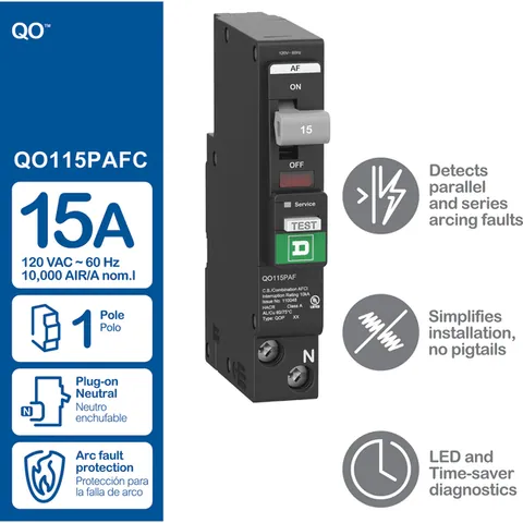 Schneider Electric QO115PAF Mini circuit breaker, QO, 15A, 1 pole, 120VAC, 10kA, combo arc fault, plug on neutral, plug in mount, UL listed — General Accessories