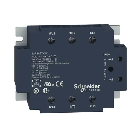 Schneider Electric SSP3A250B7 three phase relay, Harmony Solid State Relays, 50A, panel mount, zero voltage switching, input 18 to 36V AC, output 48 to 530V AC — Contactors & Relays