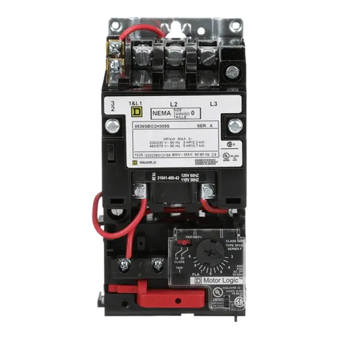 Schneider Electric 8536SBO2V02H309S NEMA motor starter, Type S, nonreversing, Size 0, 18A, 5HP at 460VAC, up to 100kA SCCR, 3 phase, 3 pole, Motor Logic, 120VAC coil, open — General Accessories