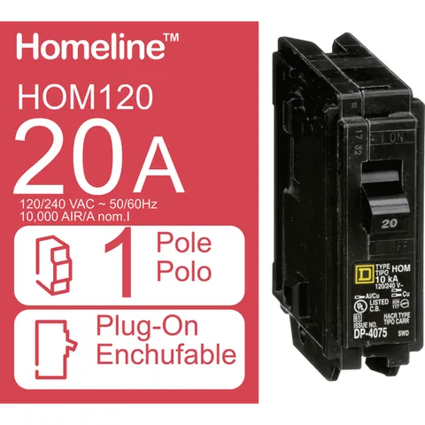 Schneider Electric HOM120 Mini circuit breaker, Homeline, 20A, 1 pole, 120/240VAC, 10kA AIR, standard type, plug in, UL — General Accessories