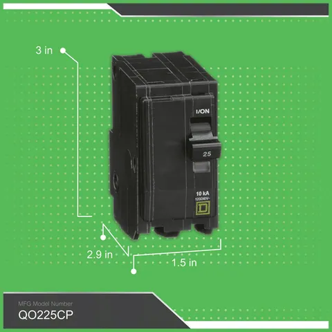 Schneider Electric QO225 Thermal Magnetic Circuit Breaker, 25A, 2 Pole, 120/240VAC, 10kA, Plug-In Mount — General Accessories