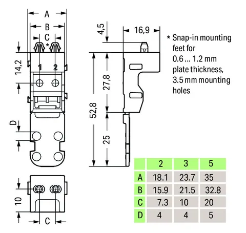 Wago 221-523 Mounting carrier; 221 series (24 - 12 AWG); 3-conductor; with snap-in mounting foot for vertical mounting; white — Terminal Blocks
