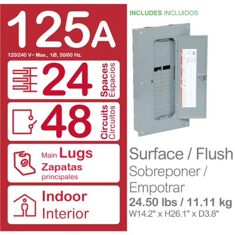 Schneider Electric HOM2448L125PQGC Load center, Homeline, 1 phase, 24 spaces, 48 circuits, 125A convertible main lugs, PoN, NEMA1, Qwik-grip, gnd bar — Accessori generali