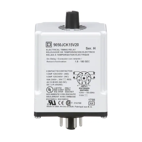 Schneider Electric 9050JCK15V20 Timing Relay, Type JCK, plug In, on delay, adjustable time, 1.8 to 180 seconds, 10A, 240 VAC, 120 VAC/110 VDC — Accesorios generales