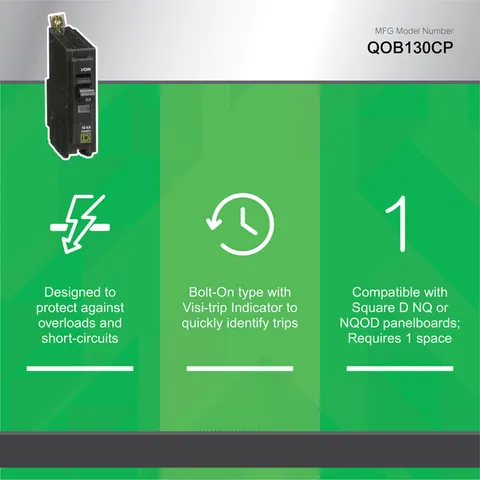 Schneider Electric QOB130 Mini circuit breaker, QO, 30A, 1 pole, 120/240VAC, 10kA, bolt on mount — Interruttori automatici e fusibili