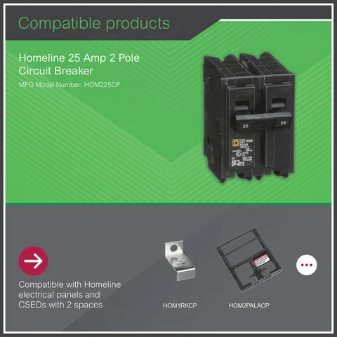 Schneider Electric HOM225 Mini circuit breaker, Homeline, 25A, 2 pole, 120/240VAC, 10kA AIR, standard type, plug in, UL — Accessori generali