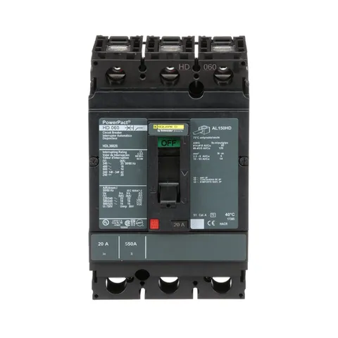 Schneider Electric HDL36020 Circuit breaker, PowerPacT H, 20A, 3 pole, 600VAC, 14kA, lugs, thermal magnetic, 80% — Accessori generali