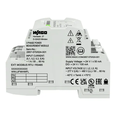Wago 2857-570/024-001 3-Phase Power Measurement Module; 3x277/480 V/1 A; Modbus RTU; Digital output; Configuration via software; Supply voltage: 24 VDC — Näherungs- & induktive Sensoren