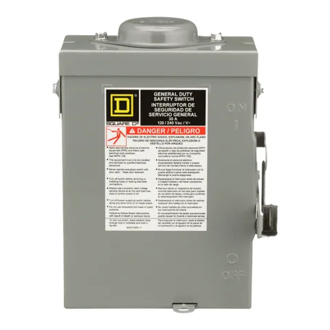 Schneider Electric D211NRB Safety switch, general duty, fusible, 30A, 2 pole, 3hp, 240VAC, NEMA 3R, 3 wire, 1 neutral, bolt on provision — General Accessories