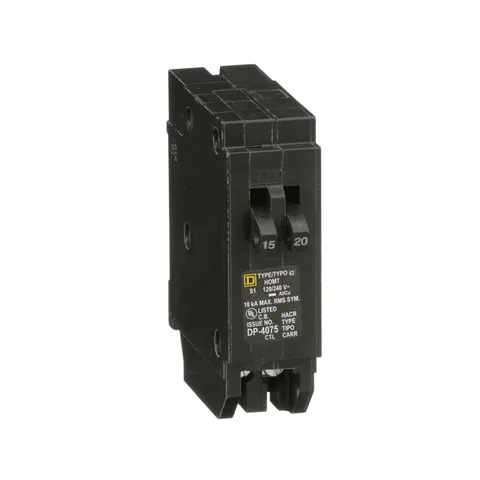 Schneider Electric HOMT1520 Tandem circuit breaker, Homeline, 1 x 1 pole at 15A, 1 x 1 pole at 20A, 120/240VAC, 10kA AIR, plug in, UL — General Accessories