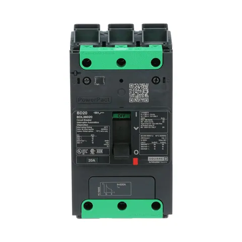 Schneider Electric BDL36020 Circuit Breaker, PowerPacT B, 20A, 3 Pole, 600Y/347VAC, 14kA, Thermal Magnetic, 80% — Circuit Breakers & Fuses