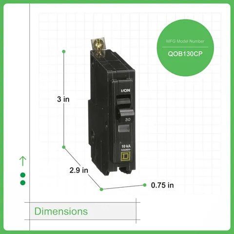 Schneider Electric QOB130 Mini circuit breaker, QO, 30A, 1 pole, 120/240VAC, 10kA, bolt on mount — Interruttori automatici e fusibili