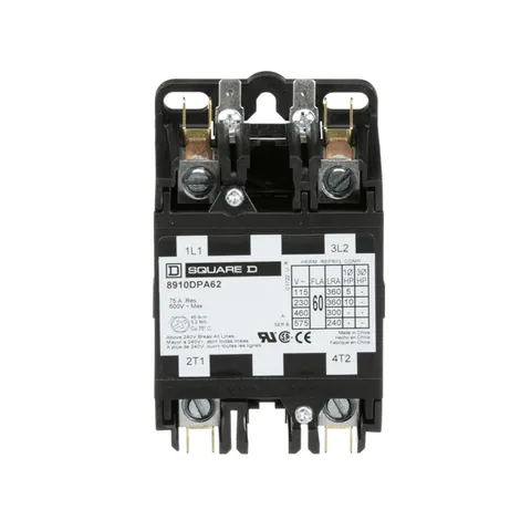 Schneider Electric 8910DPA62V02 Contactor, Definite Purpose, 60A, 2 pole, 10HP at 230VAC, 1 phase, 110/120VAC 50/60Hz coil, open — General Accessories