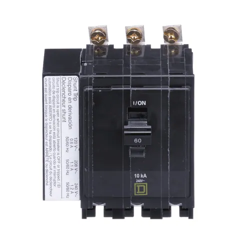 Schneider Electric QOB3601021 Mini circuit breaker, QO, 60A, 3 pole, 120/240VAC, 10kA, bolt on mount, AC shunt — Accesorios generales