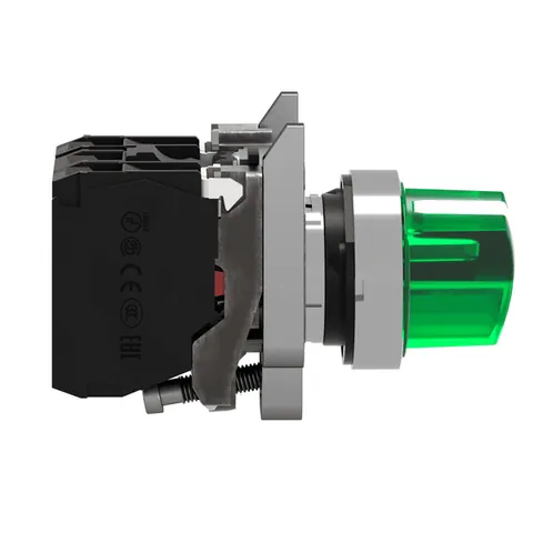 Schneider Electric XB4BK123G5 Illuminated selector switch, Harmony XB4, metal, green handle, 22mm, universal LED, 2 positions, 1NO + 1NC, 110...120V AC — Schalter & modulare Geräte