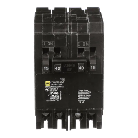 Schneider Electric HOMT1515240 Tandem circuit breaker, Homeline, 2 x 1 pole at 15A, 1 x 2 pole at 40A, 120/240VAC, 10kA AIR, plug in, UL — Accessori generali