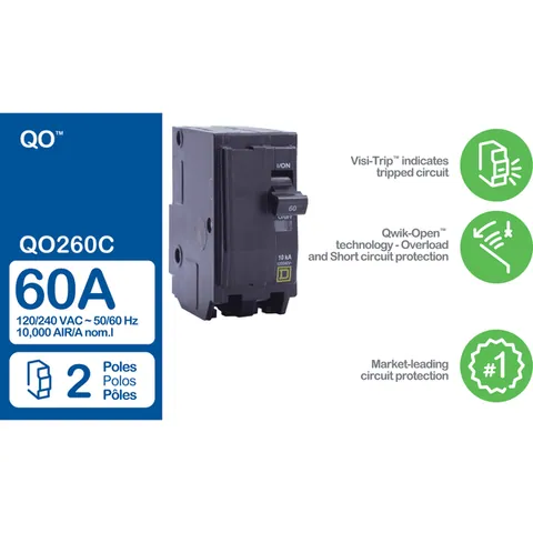 Schneider Electric QO260 Mini circuit breaker, QO, 60A, 2 pole, 120/240VAC, 10kA, plug in mount — General Accessories