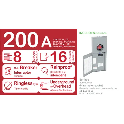 Schneider Electric RC816F200C Meter mains, Homeline, CSED, ringless socket, 200A, surface mount, maximum 8 spaces, 16 circuits, no bypass — General Accessories