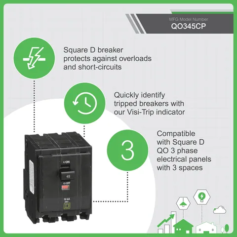 Schneider Electric QO345 Mini circuit breaker, QO, 45A, 3 pole, 120/240VAC, 10kA, plug in mount — Accessori generali