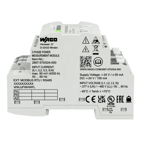 Wago 2857-570/024-000 3-Phase Power Measurement Module; 3x277/480 V/RC; Modbus RTU; Digital output; Configuration via software; Supply voltage: 24 VDC — Näherungs- & induktive Sensoren